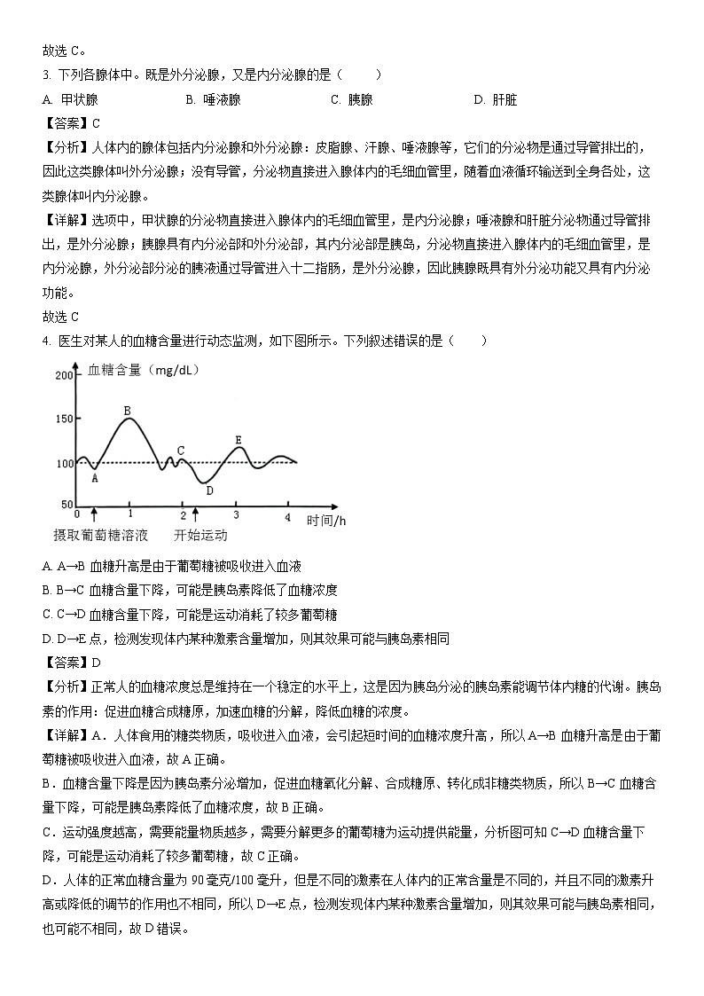 [生物]山东省济宁市金乡县2023-2024学年七年级下学期5月月考试题（解析版）02