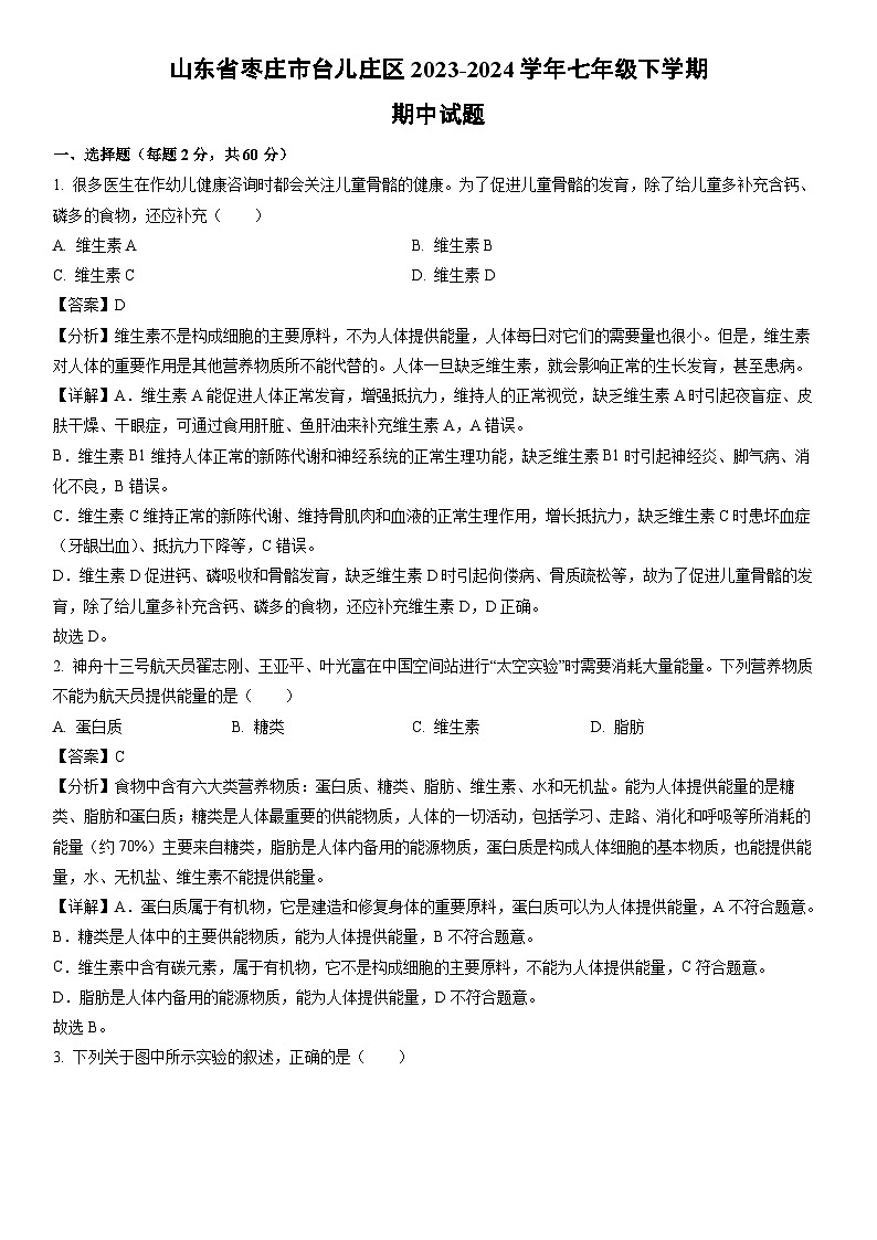 [生物]山东省枣庄市台儿庄区2023-2024学年七年级下学期期中试题（解析版）01