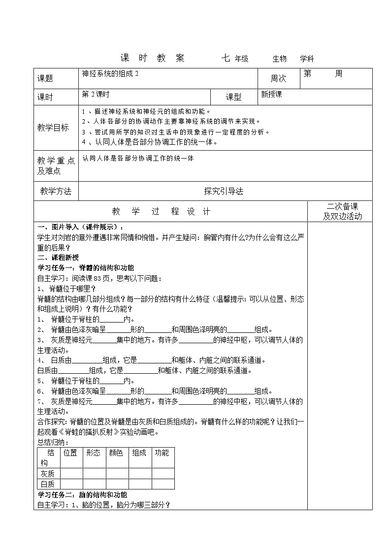 神经系统的组成2教案 2023-2024学年七年级下册生物01