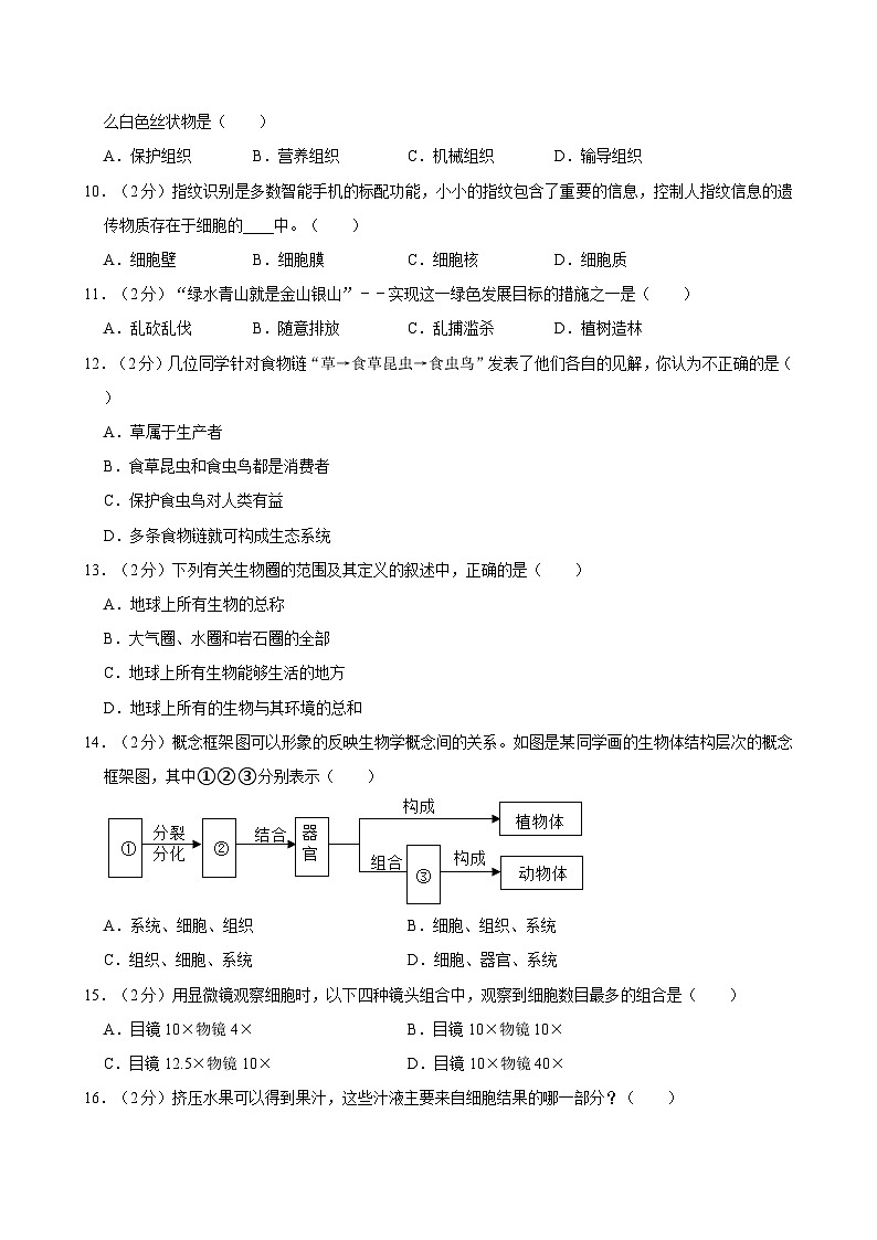 湖北省宜昌市兴山县2021-2022学年七年级上学期期末质量检测生物试题02