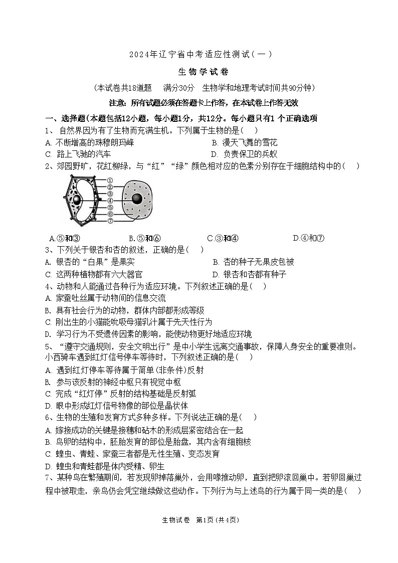 2024年辽宁省沈阳市中考适应性测试生物试卷（一）01