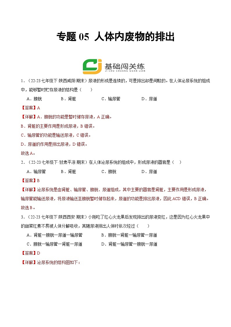 专题05 人体内废物的排出（解析版）第1页