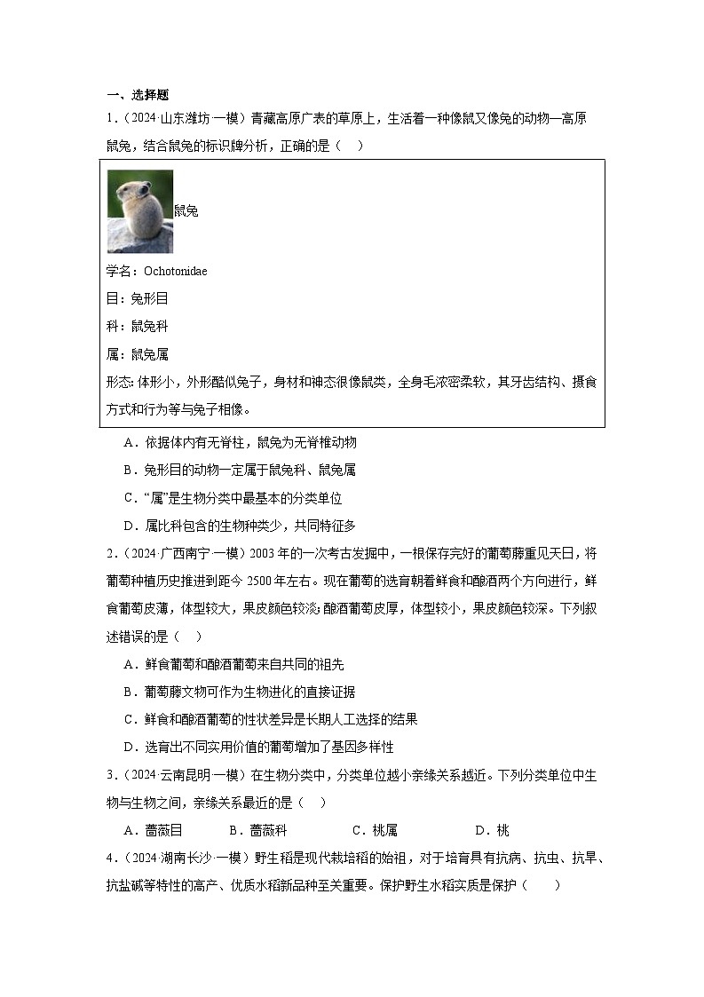 备战2024年会考生物专项复习（全国通用）-专题08 生物的多样性（原卷版+解析版）01