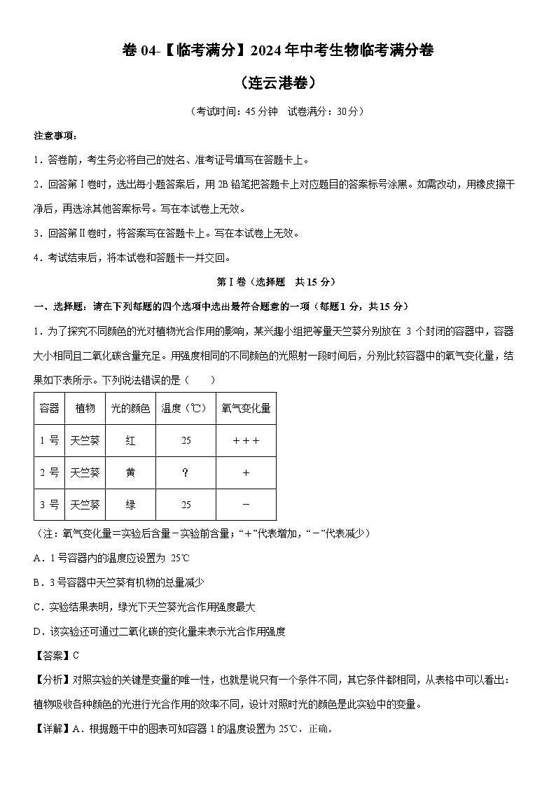 [生物]卷04-[临考满分]2024年中考临考满分模拟卷（连云港卷）（解析版）第1页