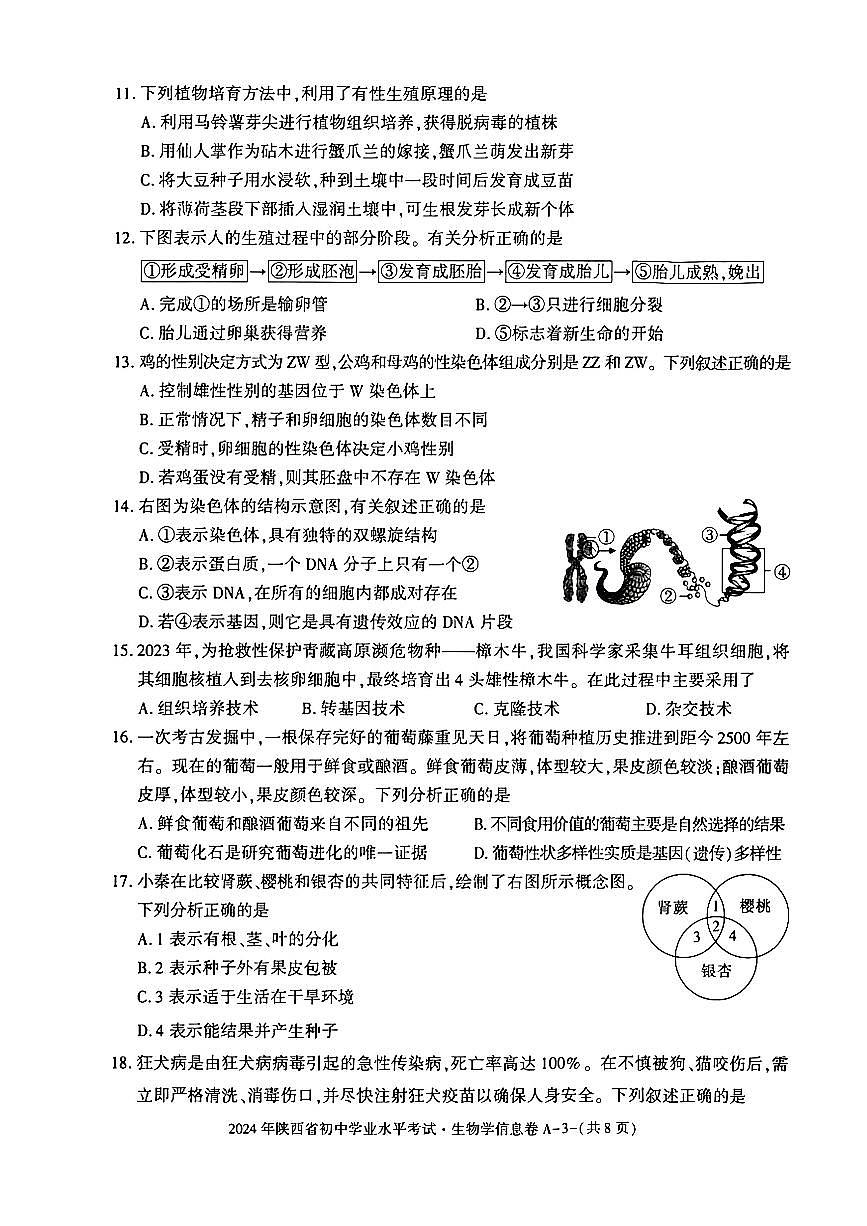 2024年陕西省中考生物试题第3页