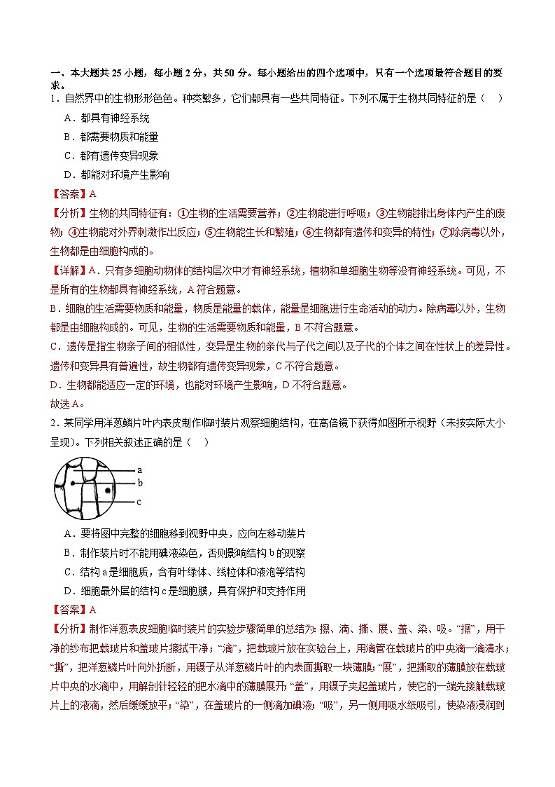 备战2024年中考生物临考押题卷（全国通用02）（原卷版+解析版）01