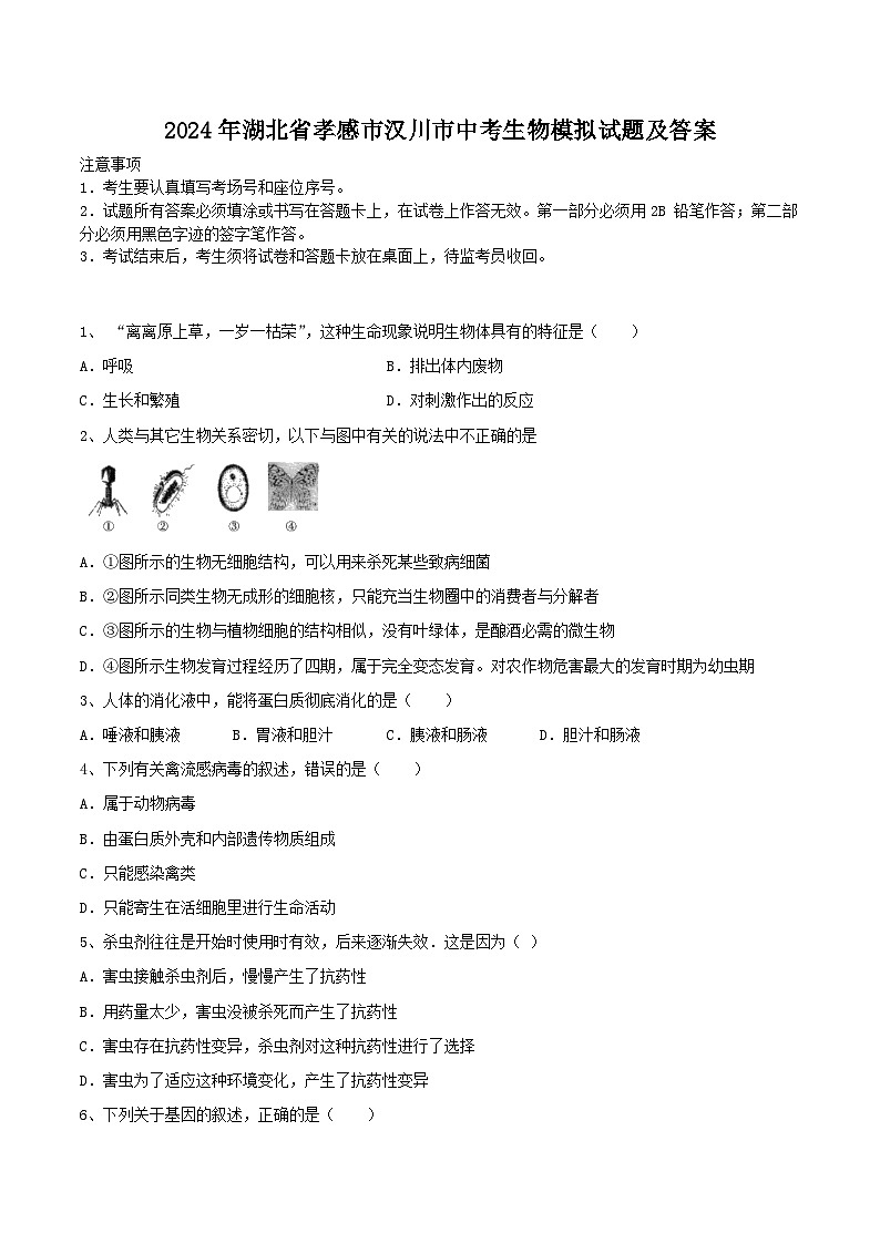 2024年湖北省孝感市汉川市中考生物模拟试题及答案01