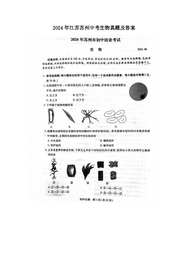 2024年江苏苏州中考真题生物真题及答案01