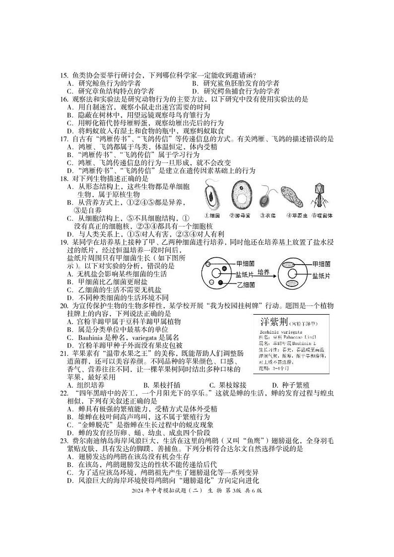 2024年湖南省娄底市新化县中考模拟（二）生物试题03