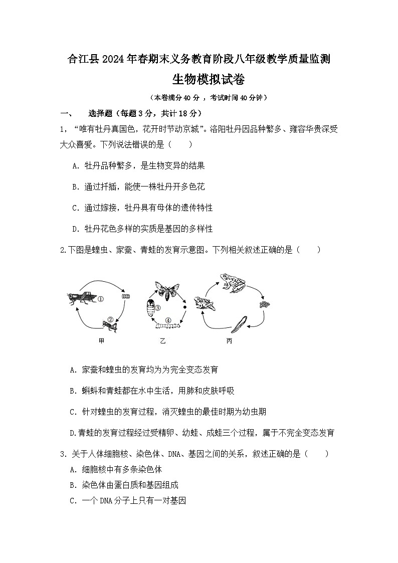 四川省泸州市合江县2023-2024学年八年级下学期期末模拟考试生物试题第1页