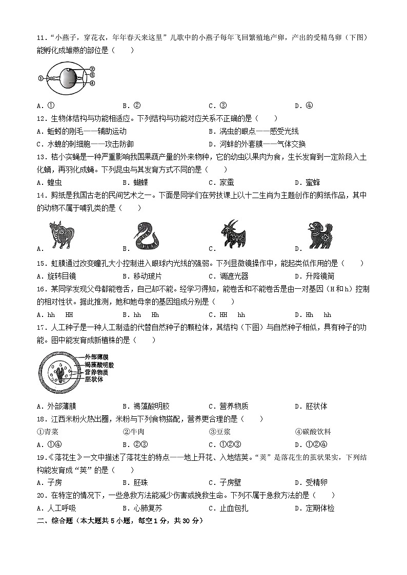2024年江西抚州中考真题生物试题及答案02