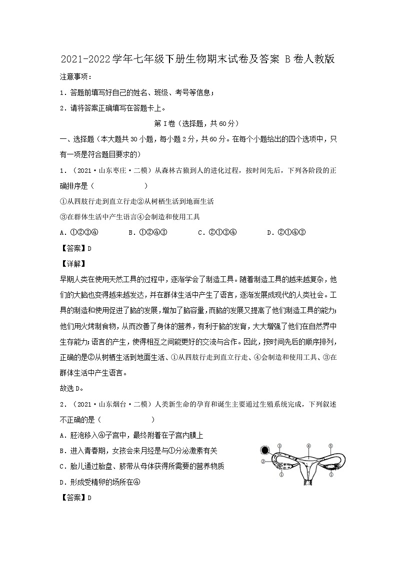 2021-2022学年七年级下册生物期末试卷及答案B卷（人教版）01
