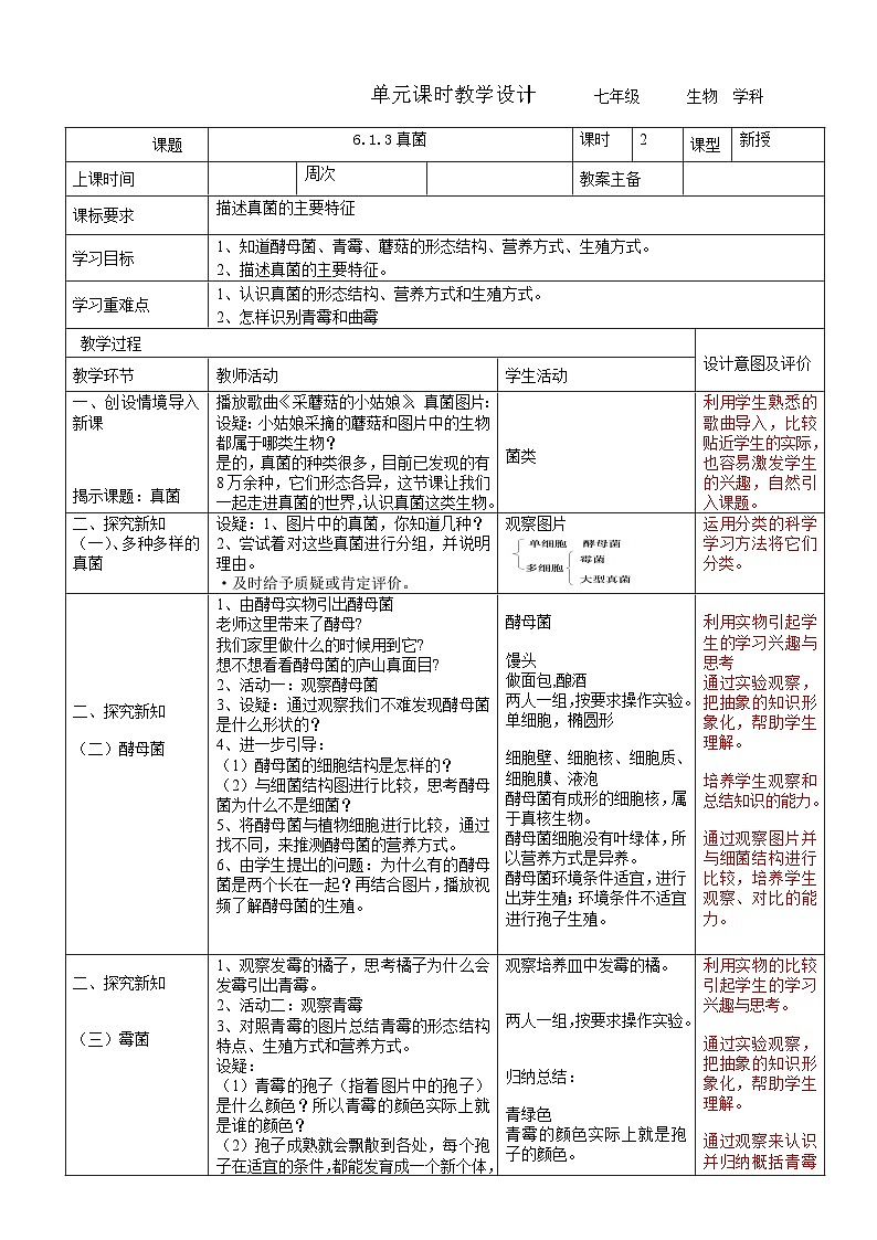 6.1.3真菌教案 2023-2024学年七年级下册生物01