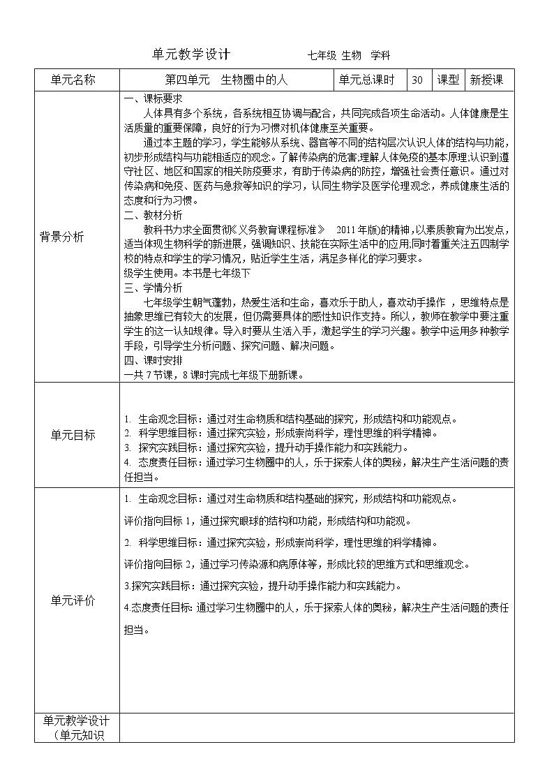 第四单元 生物圈中的人教案 2023-2024学年七年级下册生物第1页
