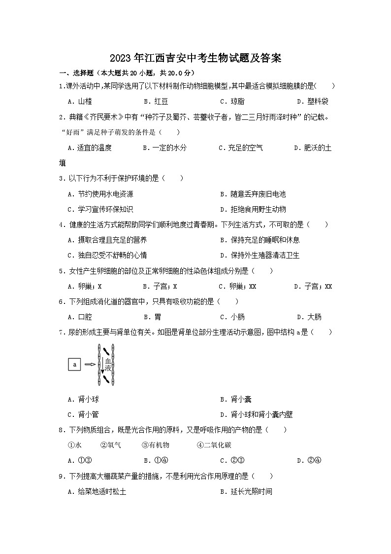 2023年江西吉安中考真题生物试题及答案01