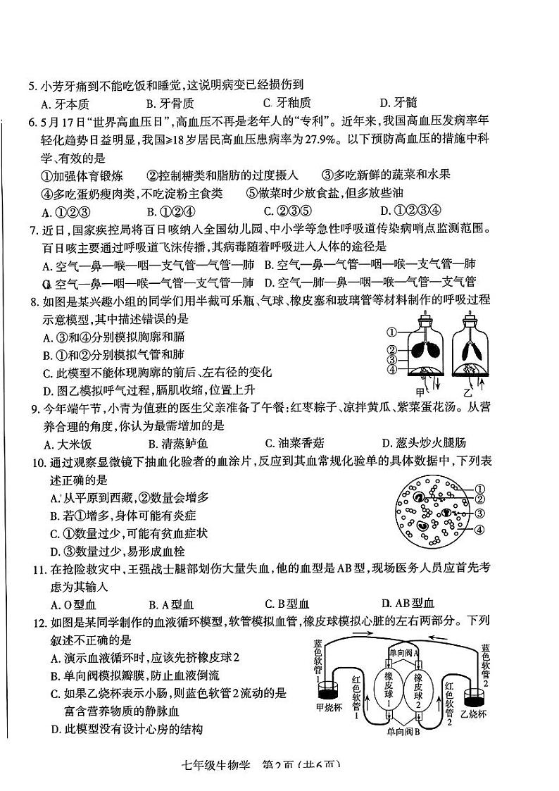 山西省晋城市高平市2023-2024学年七年级下学期期末测试生物试卷第2页