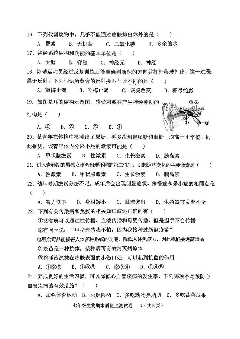 福建省龙岩市新罗区2023-2024学年七年级下学期6月期末生物试题03