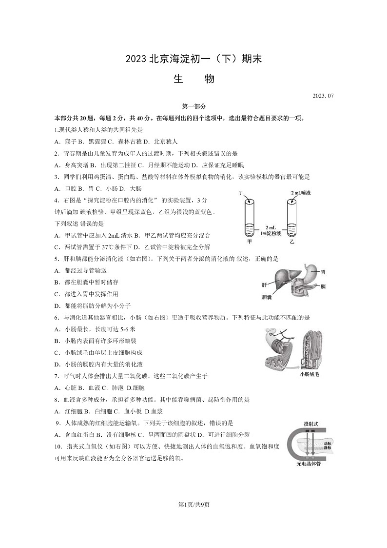 [生物]2023北京海淀初一下学期期末试卷及答案第1页