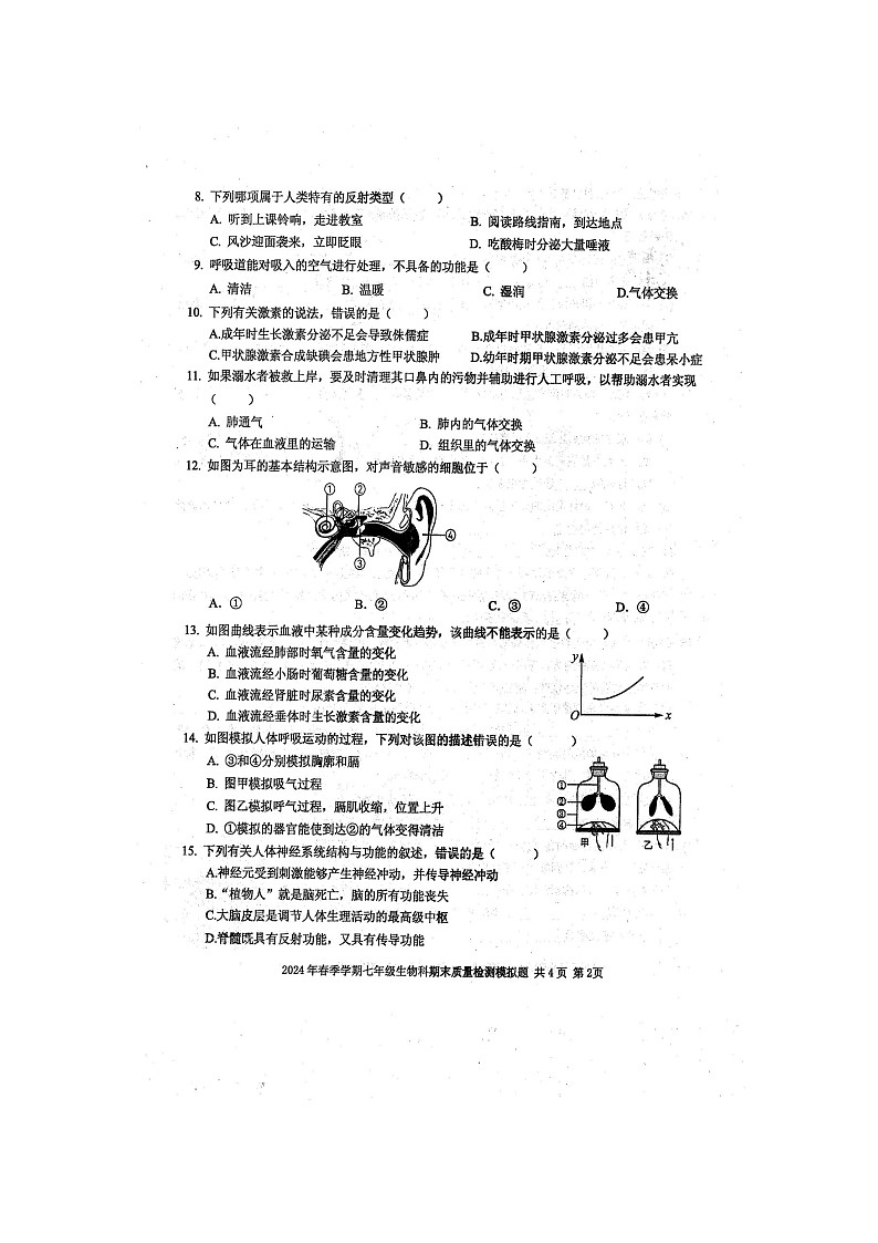 2024年春广西防城区七年级生物科期末质量检测模拟题（扫描版含答案）02