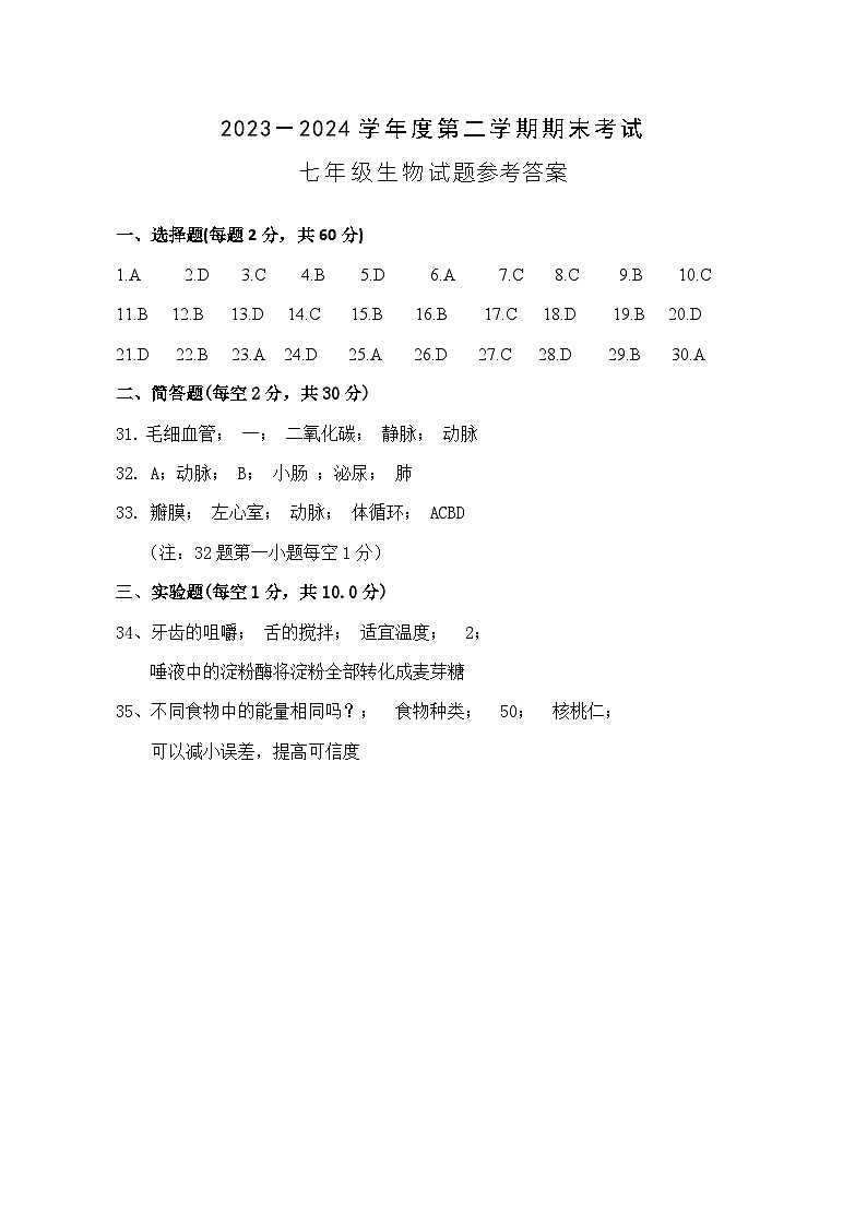 安徽省池州市青阳县2023-2024学年七年级下学期6月期末考试生物试题01