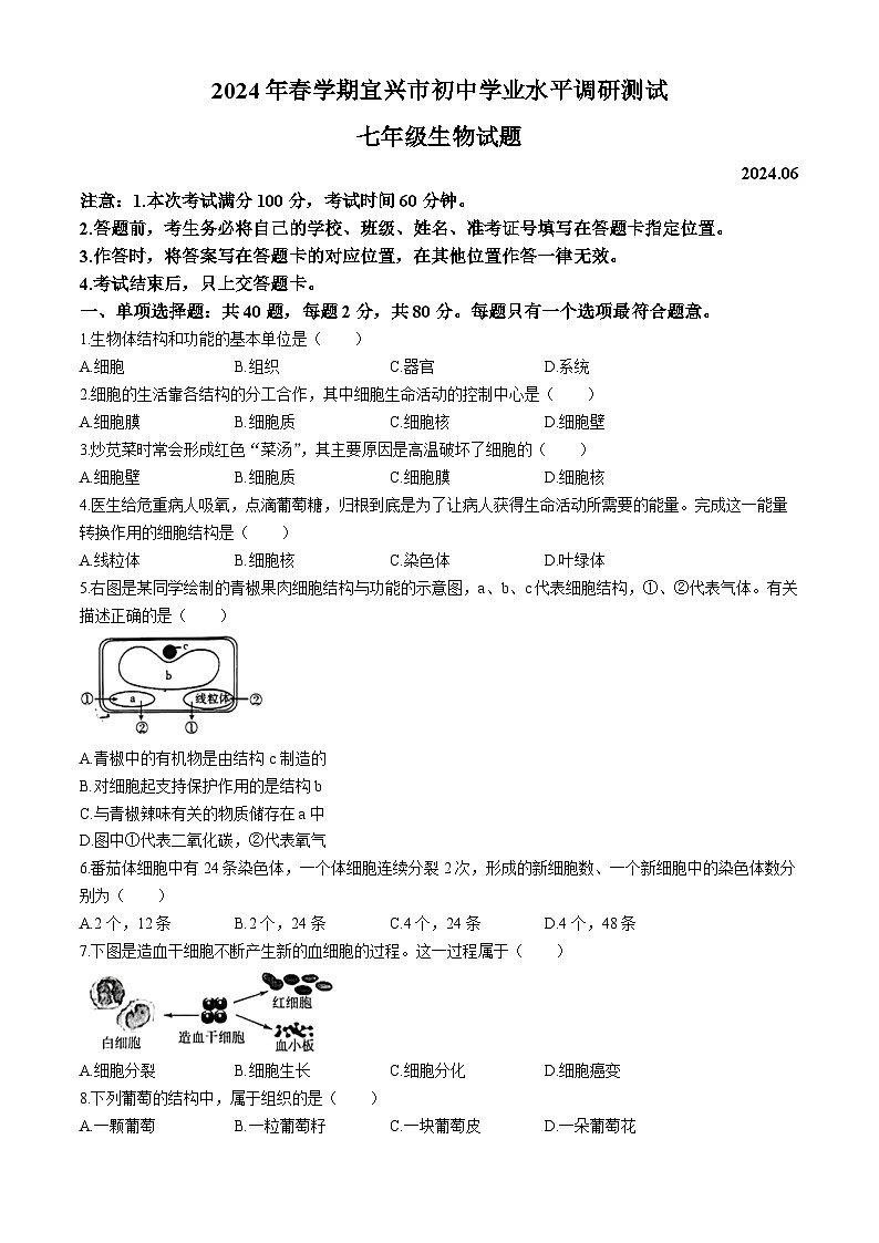 江苏省宜兴市2023-2024学年七年级下学期期末学业水平调研测试生物试题(无答案)01