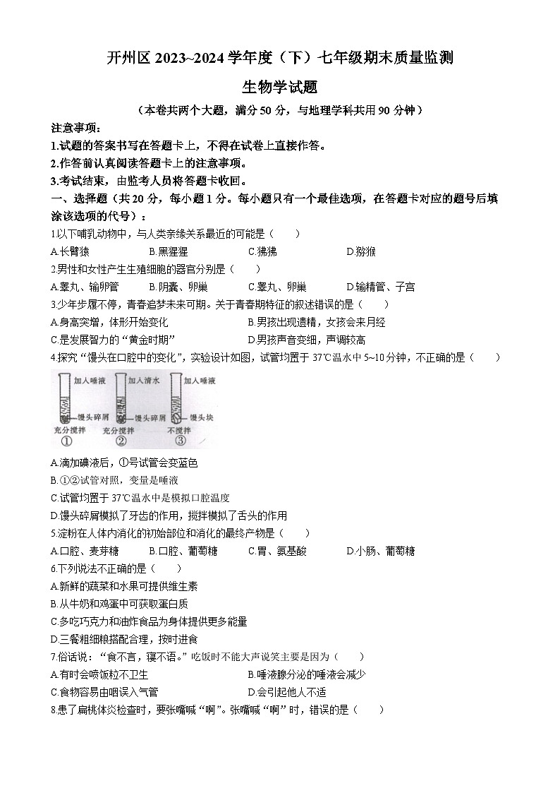 重庆市开州区2023-2024学年七年级下学期6月期末考试生物试题第1页