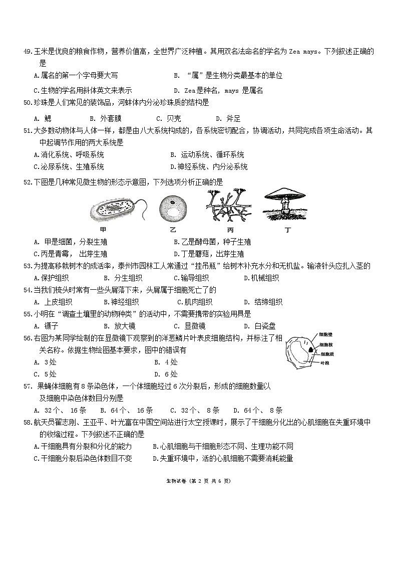 江苏省泰州市海陵区2023~2024学年七年级下学期期末学业水平测试生物试卷02