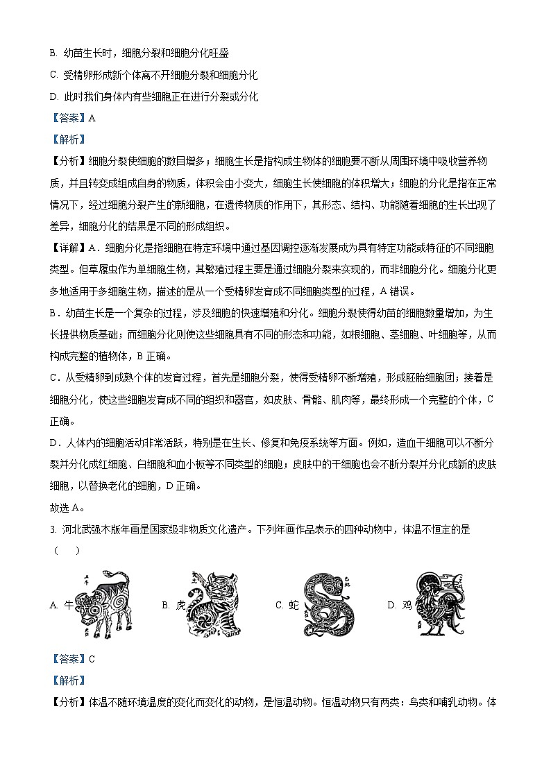 2024年中考真题—河北省八年级生物试题（解析版）02