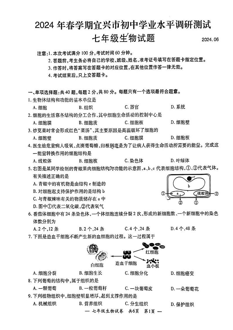 江苏省宜兴市2023-2024学年七年级下学期期末学业水平调研测试生物试题第1页