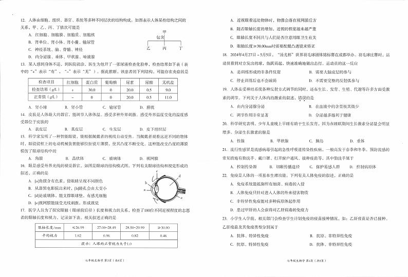 四川省成都市成华区2023-2024学年七年级下学期期末考试生物试卷第2页