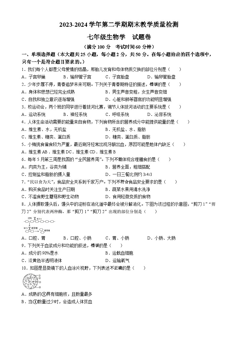 安徽省合肥市2023-2024学年七年级下学期6月期末联考生物试题01
