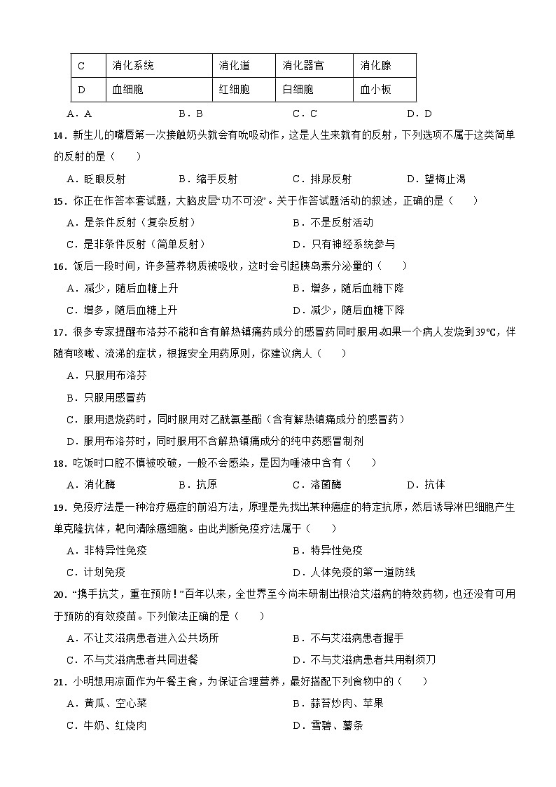 广西百色市2024年七年级下学期生物期末试卷附答案第3页