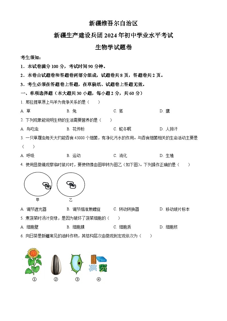 2024年中考真题—新疆生产建设兵团学业水平考试生物试题（原卷版）01