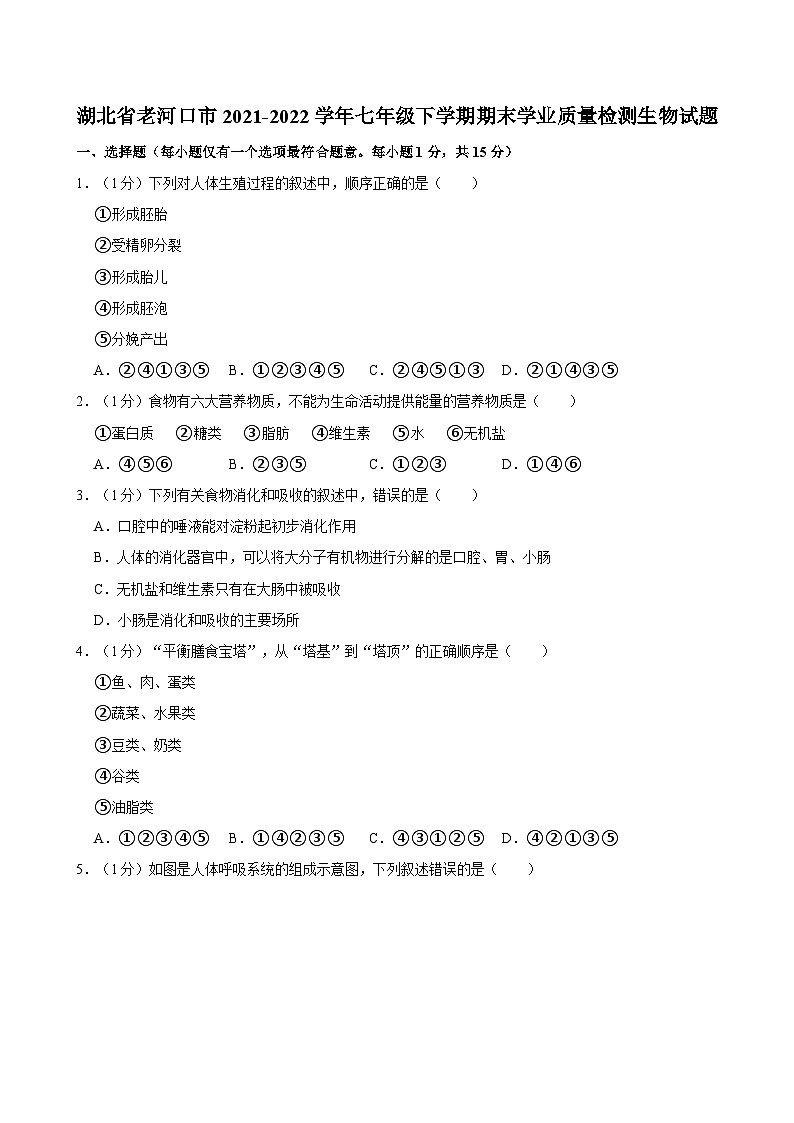 湖北省老河口市2021-2022学年七年级下学期期末学业质量检测生物试题第1页