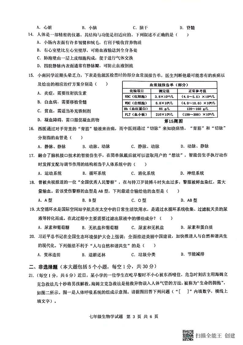 重庆市巴南区2023-2024学年七年级下学期6月期末生物试题03
