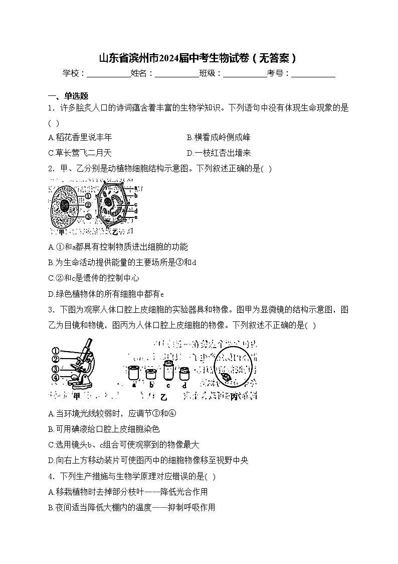 山东省滨州市2024届中考生物试卷（无答案）第1页