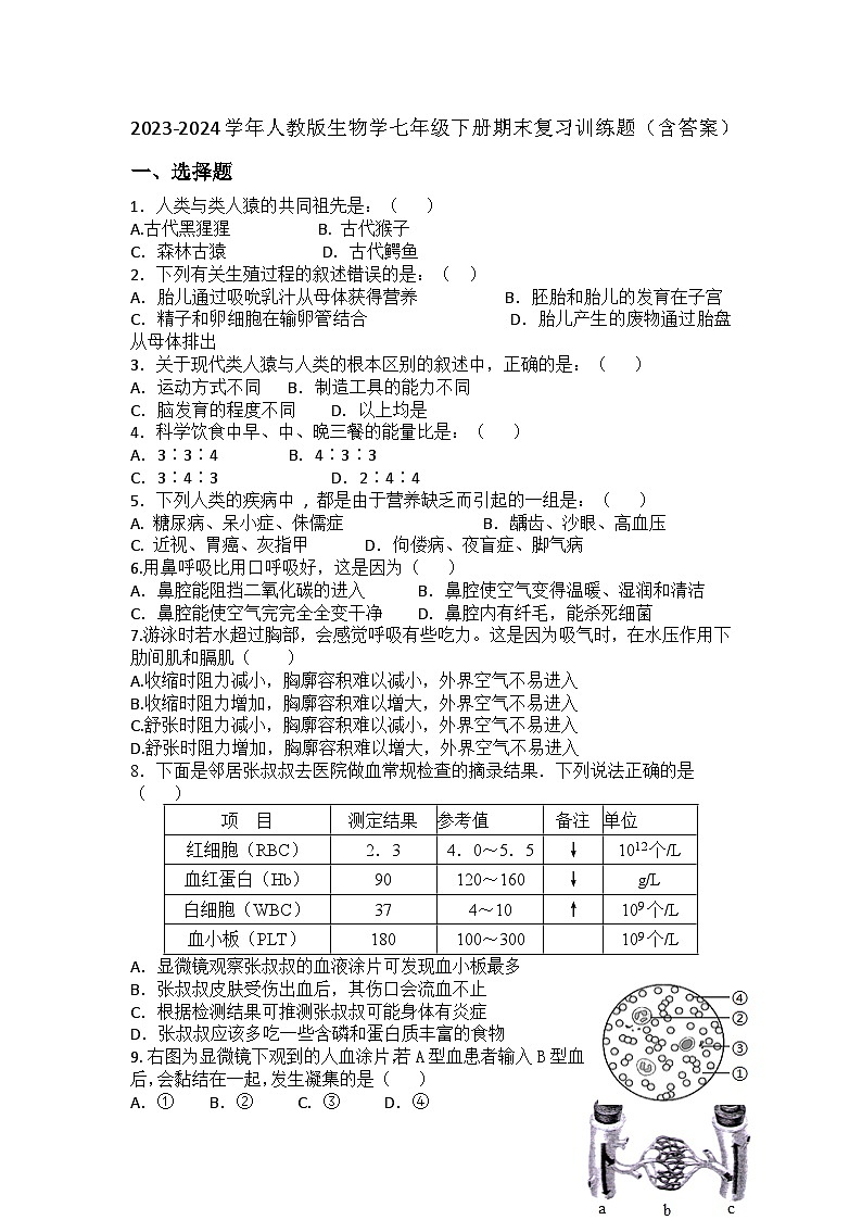 2023-2024学年人教版生物学七年级下册期末复习训练题（含答案）01