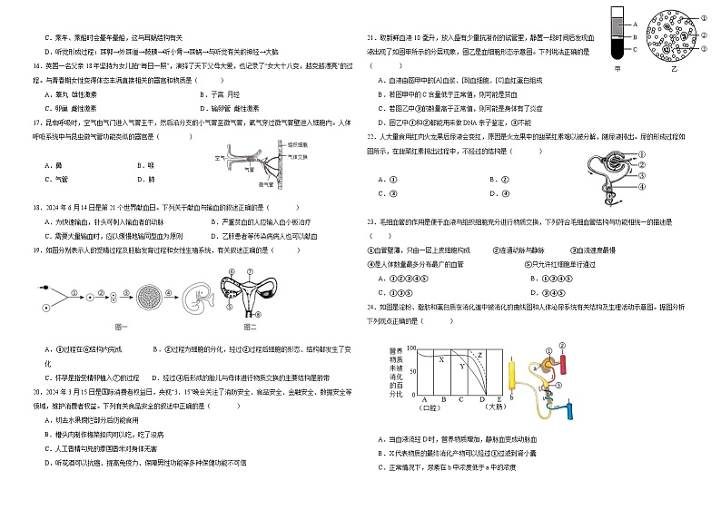 人教版2023-2024学年度七年级下册生物期末模拟测试卷（含答案）第2页