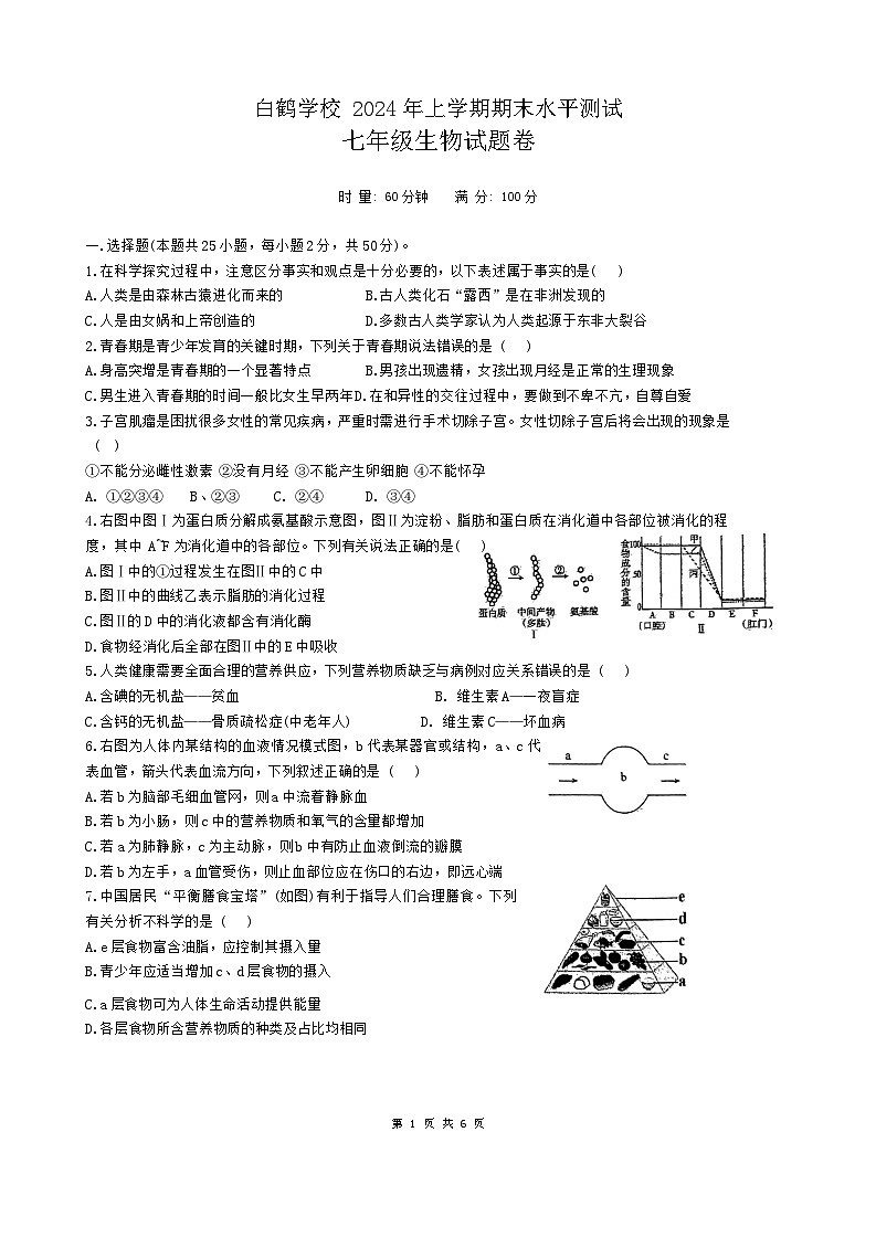 湖南省株洲市天元区白鹤学校2023-2024学年七年级下学期6月期末生物试题第1页