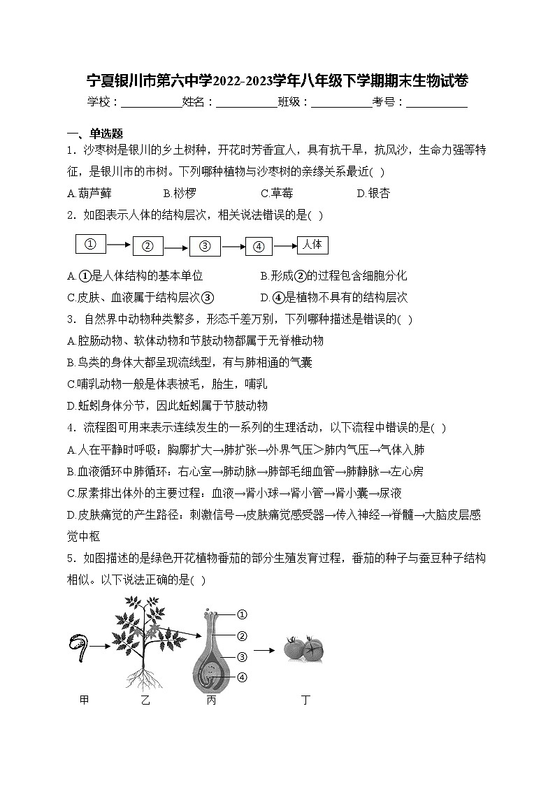 宁夏银川市第六中学2022-2023学年八年级下学期期末生物试卷(含答案)第1页