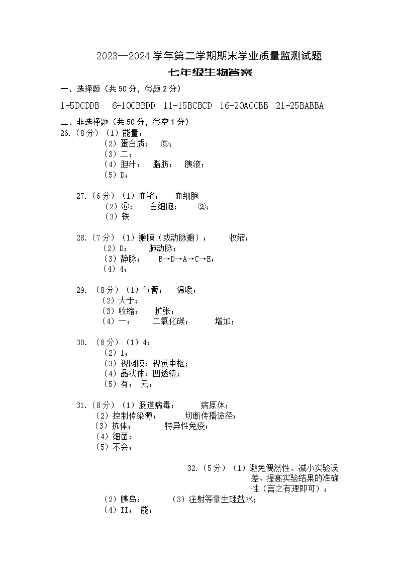 河南省安阳市文峰区2023-2024学年七年级下学期6月期末生物试题01