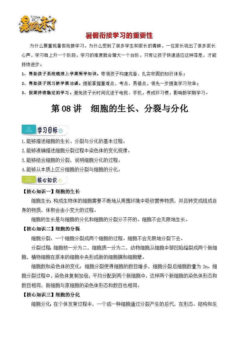 第08讲 细胞的生长、分裂与分化-【暑假衔接】新七年级生物暑假精品课讲义（人教版）01