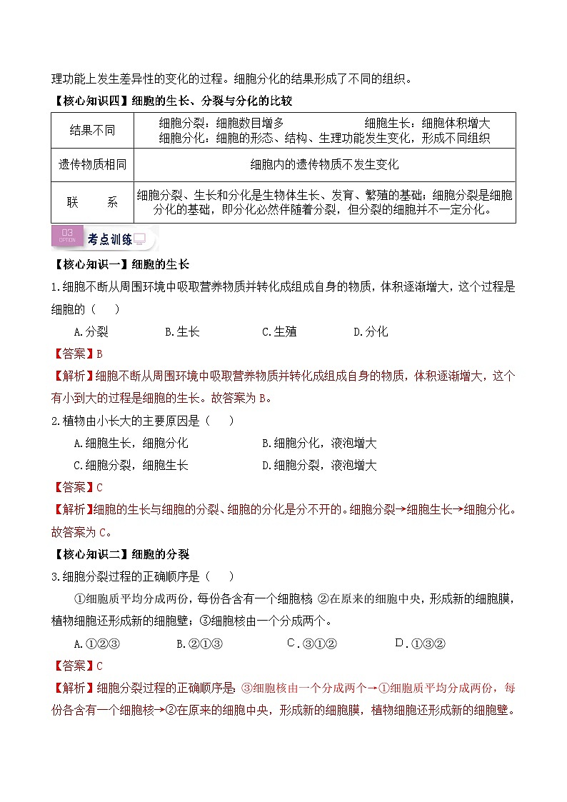 第08讲 细胞的生长、分裂与分化-【暑假衔接】新七年级生物暑假精品课讲义（人教版）02