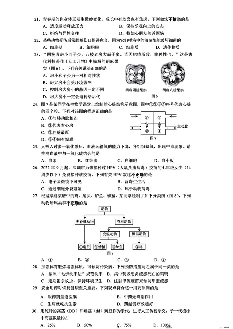 [生物]2023年广东省深圳市中考试题(有答案)03