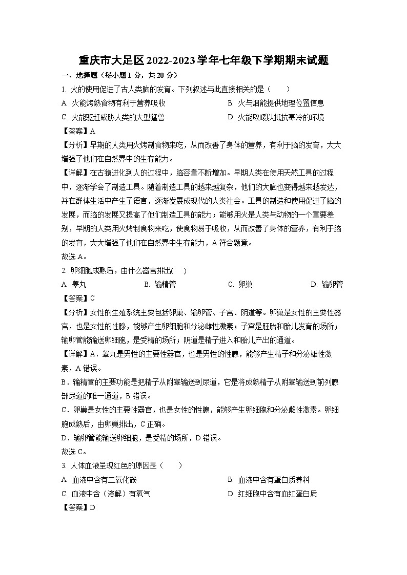 [生物]重庆市大足区2022-2023学年七年级下学期期末试题(解析版)01