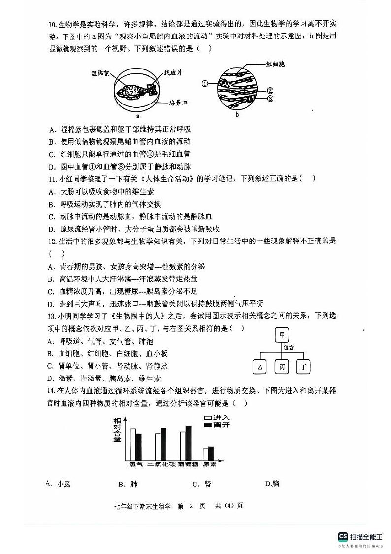 湖北省安陆市2023-2024学年七年级下学期期末质量检测生物试题第2页