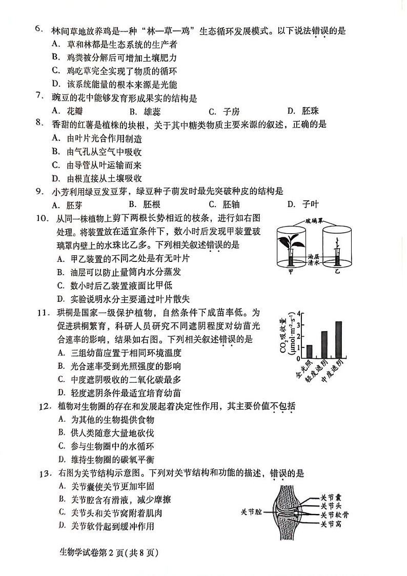 北京市昌平区2023-2024学年八年级下学期期末考试生物试卷第2页