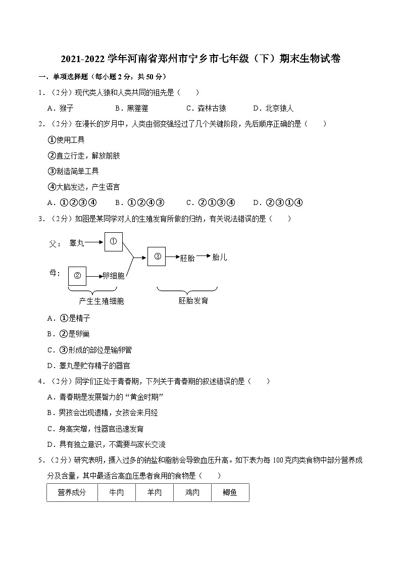 2021-2022学年河南省郑州市宁乡市七年级（下）期末生物试卷第1页
