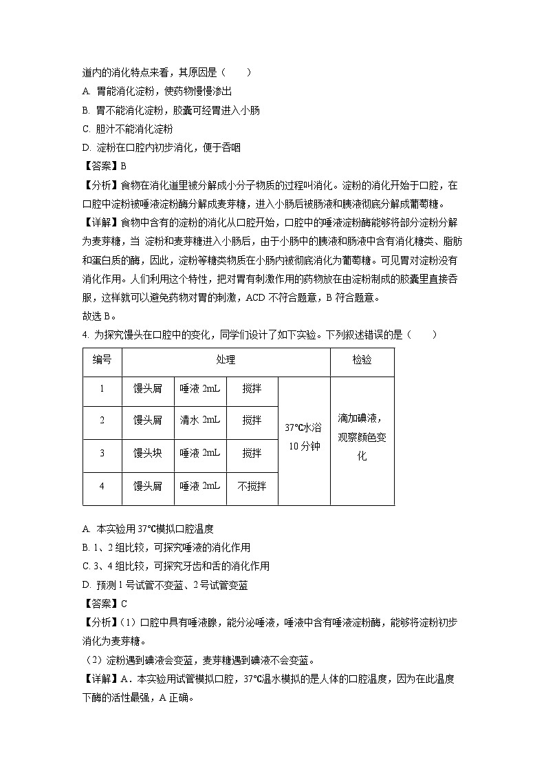 [生物]山东省菏泽市鲁西新区2023-2024学年七年级下学期期中试题（解析版）02