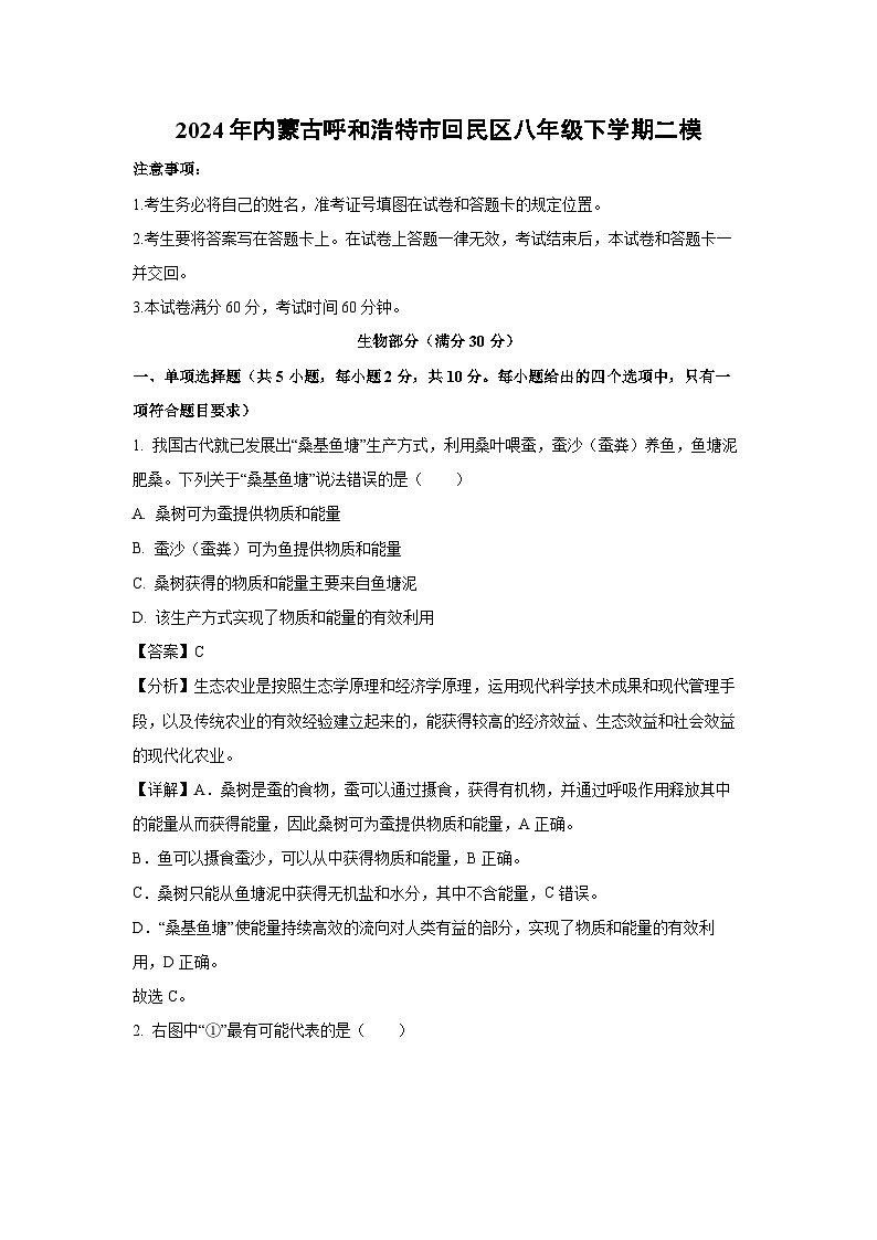 [生物][二模]2024年内蒙古呼和浩特市回民区八年级下学期试卷（解析版）01